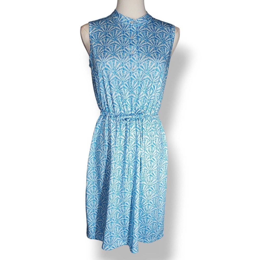 Stella Parker Blue White Geometric Fan Print Shirt Dress Womens Small Coastal